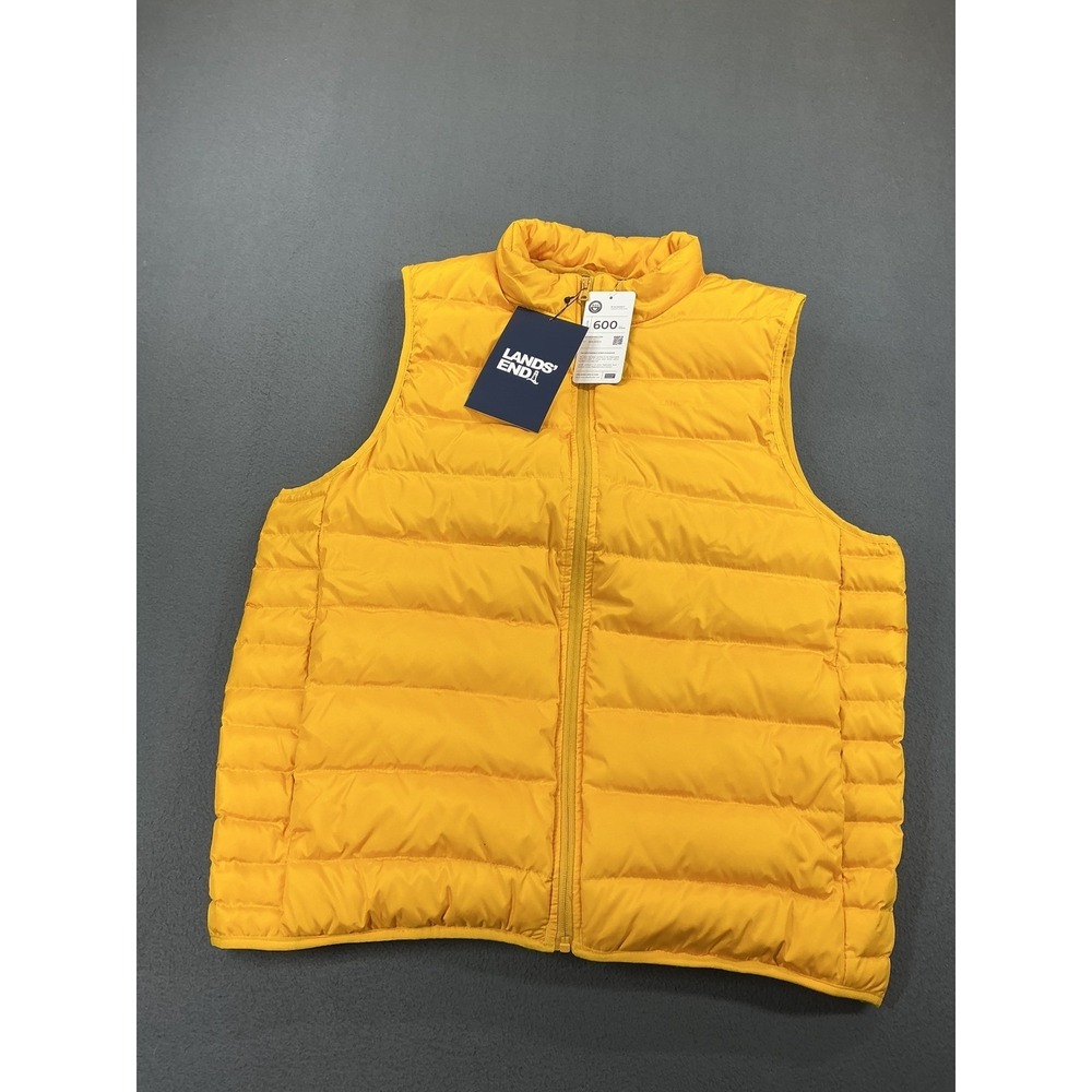 Lands End Mens Large Puffer Vest Yellow Full Zip 600 Fill Power Lightweight Dad